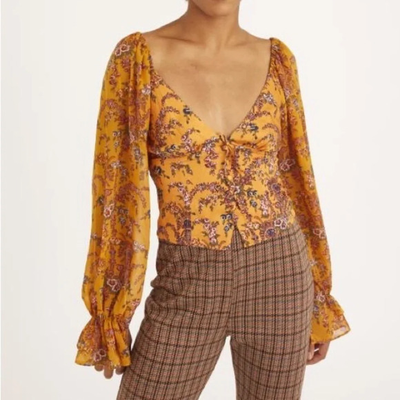 Urban Outfitters Topanga Button Front Cropped Blouse Orange Floral Sz XS - Picture 1 of 7